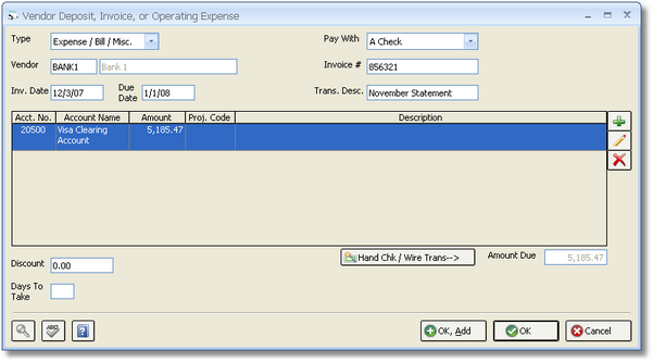 Vendor Window - Credit Card Expense Account