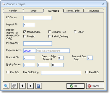 Vendor Window - Defaults Tab with Credit Card