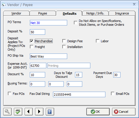 Vendor Window - Defaults Tab