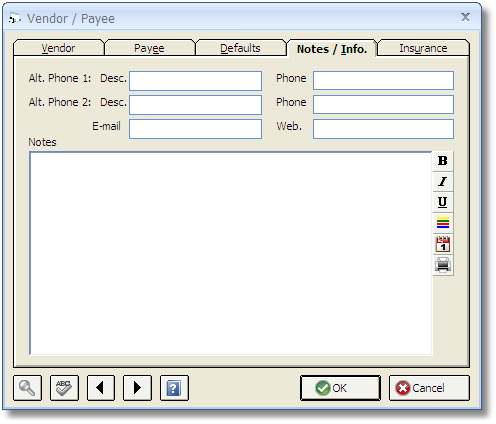 Vendor Window - Notes Tab