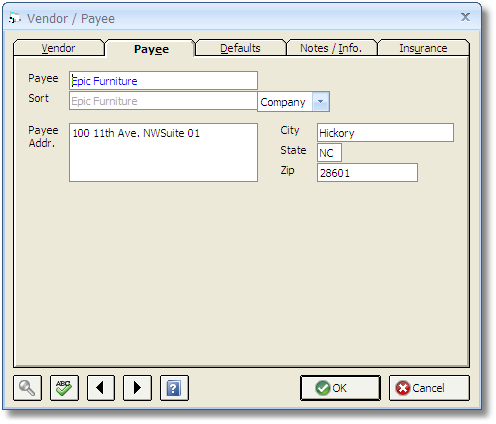Vendor Window - Payee Tab