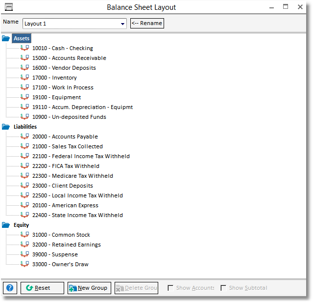 balance sheet report layout window