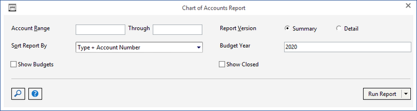 chart of acct report window