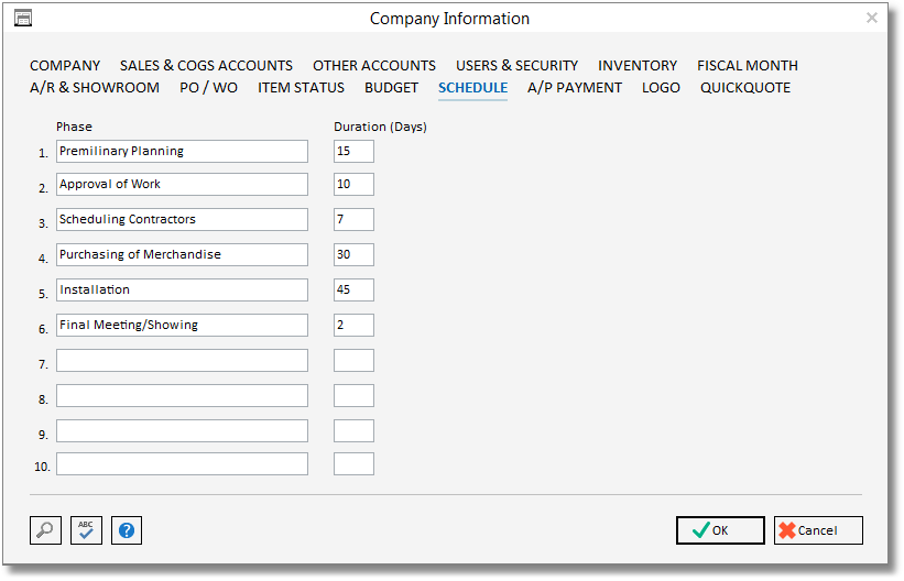 company info - schedule tab