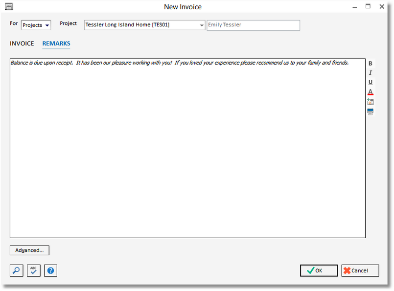 invoice - remarks tab