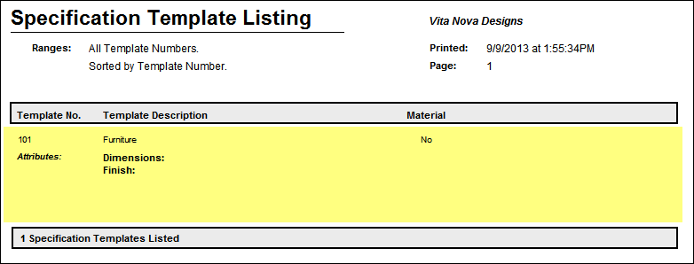 Specification Template Listing Report example