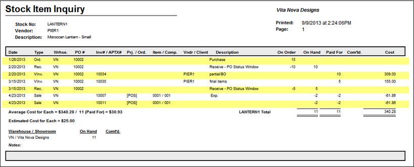 Stock Item Inquiry Report example