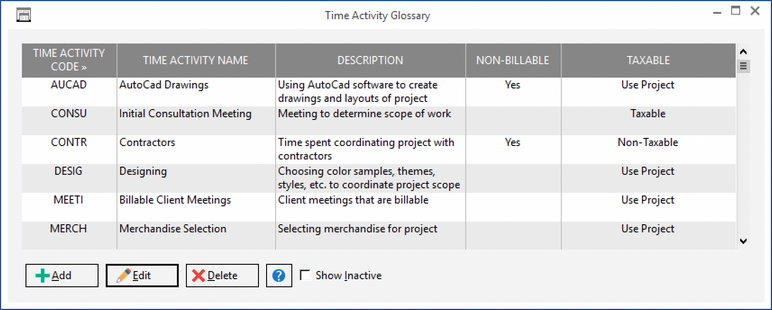 Time Activity Glossary