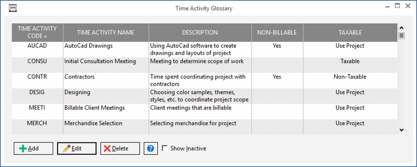 time activity glossary