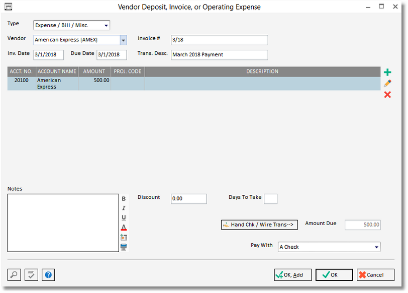 vendor dep_invoices window-add new exp bill_Pay CC example