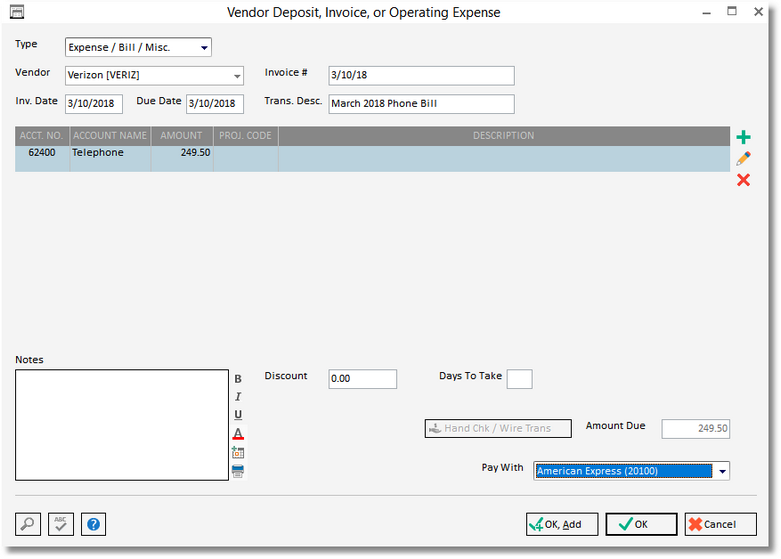vendor dep_invoices window-add new exp bill_Pay with a CC example