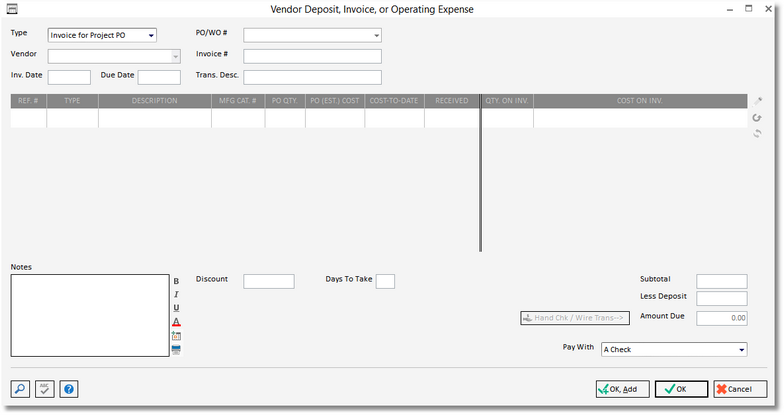 vendor dep_invoices window-add new vend inv proj po