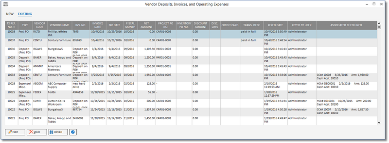 vendor dep_invoices window-existing